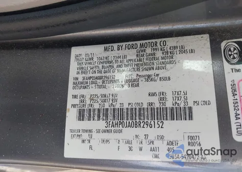 2011 Ford Fusion Sel z USA, uszkodzony, nr VIN 3FAHP0JA0BR296152